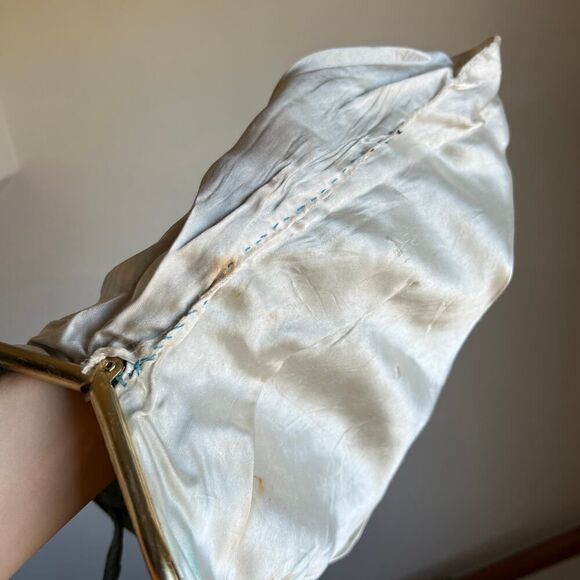 Antique Vintage‎ Teal Seafoam Green Handbag Kiss Lock Purse Tote Gold Tapestry - Picture 6 of 9